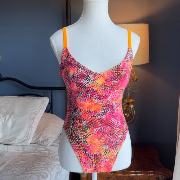 90s Vintage Neon Pink And Orange One Piece Swimsuit and Beach Shorts - Picture 1 of 15